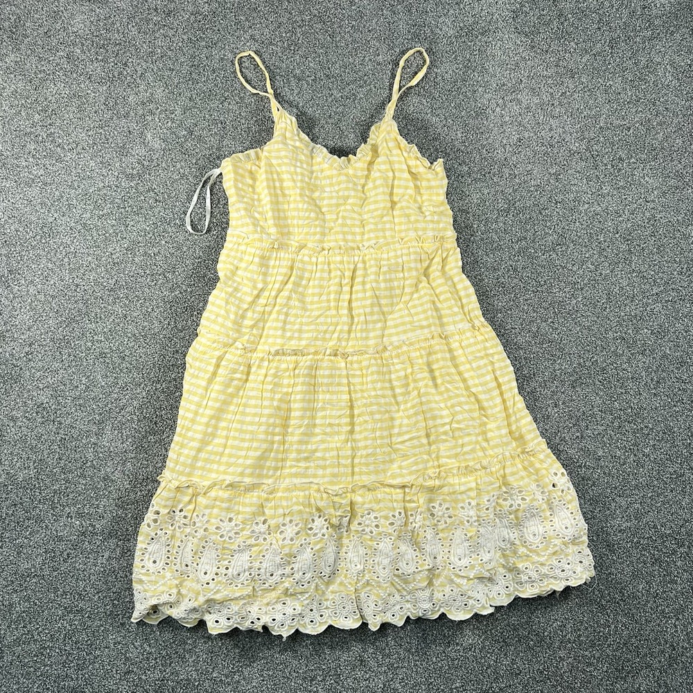 Jessica Simpson Womens M Yellow Gingham Eyelet Tiered Sundress Cottagecore Midi